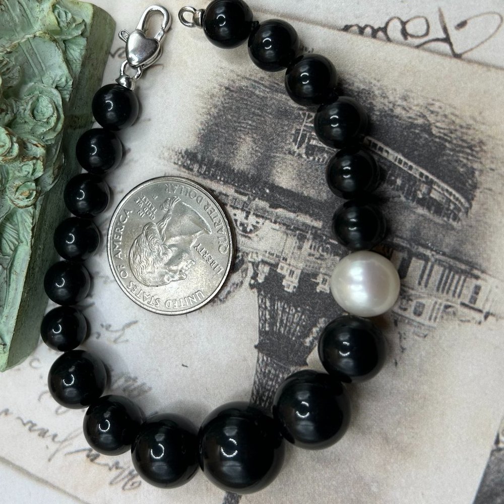 Designer Signed Black Onyx White Pearl Bead Bracelet Sterling Silver 925